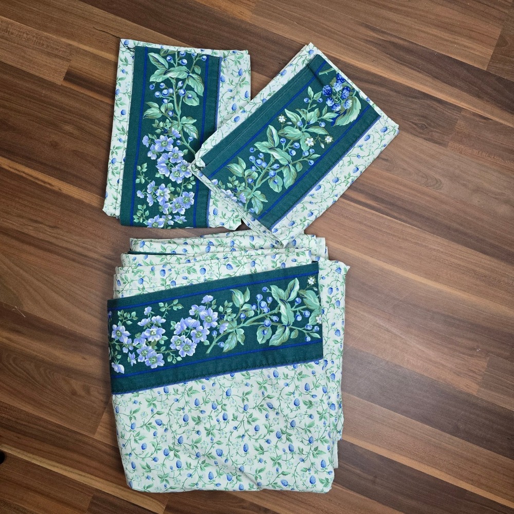 Vintage Laura Ashley Queen Flat Sheet & 2 Pillowcases Set Blue Floral Berry USA